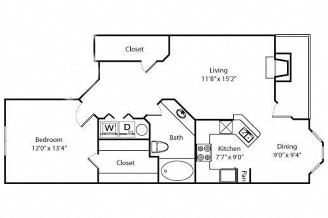 Floor plan for 1 bed, 1 bath, 835 sqft